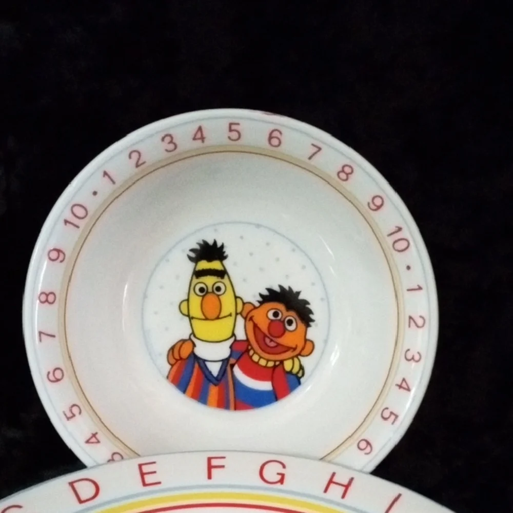 Sesame Street Childs Plate Bowl Porcelain Bert Ernie 2 pc set Vintage